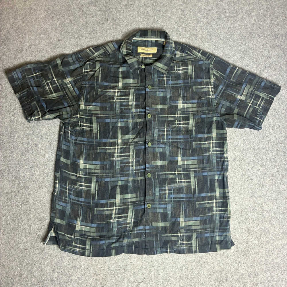 Tommy Bahama Shirt Mens Large Blue Silk Abstract Geometric Short Sleeve Exc